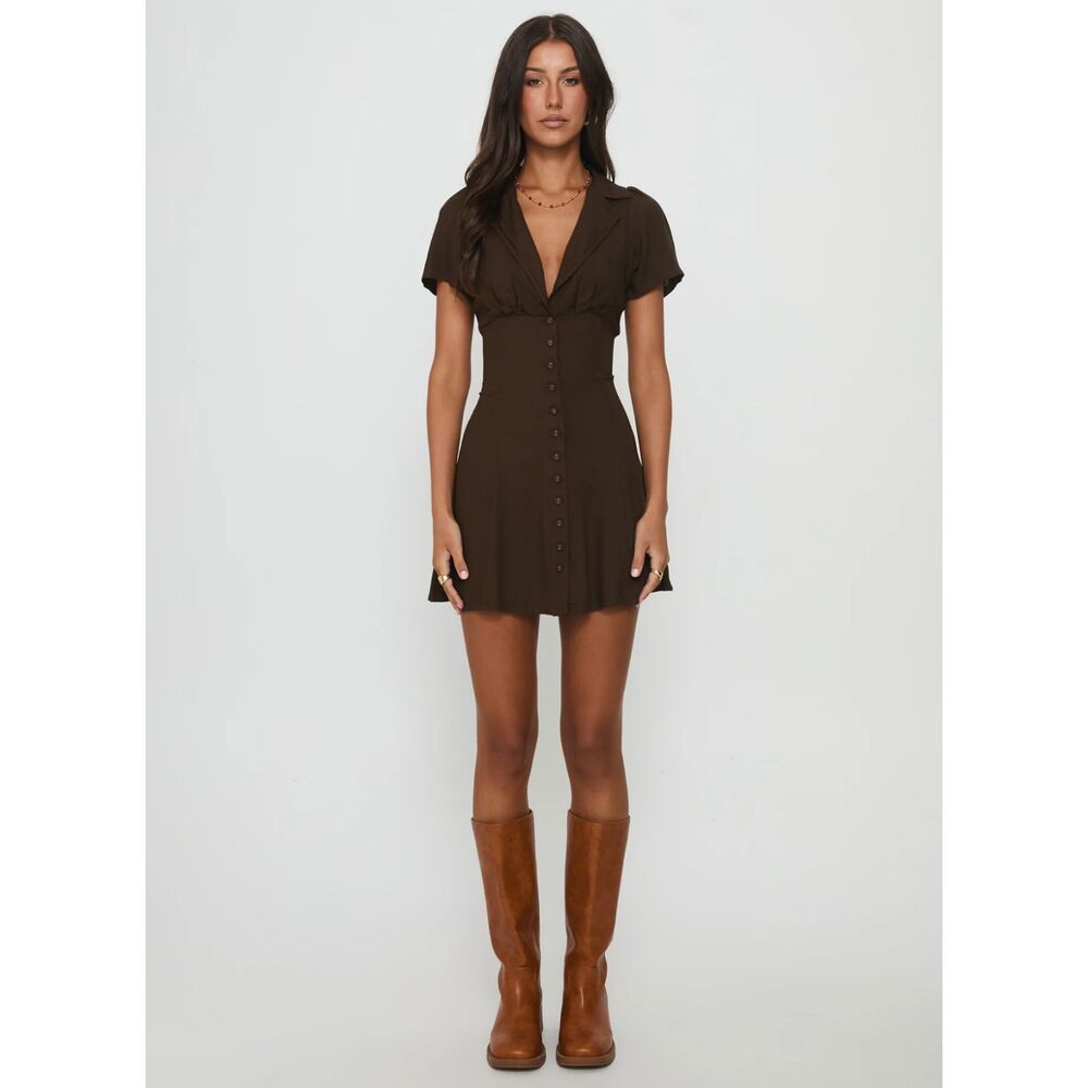 Princess Polly Pique Button Down Mini Dress Brown NWT